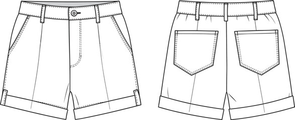 High waisted women’s shorts with front pockets, rolled hem, belt loops, back patch pockets, technical CAD flat vector illustration drawing