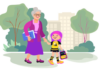 Grandmother and granddaughter are holding hands and walking to school through the park. Family scene, care, parenting. A loving grandma and child are talking and smiling. Vector flat illustration.