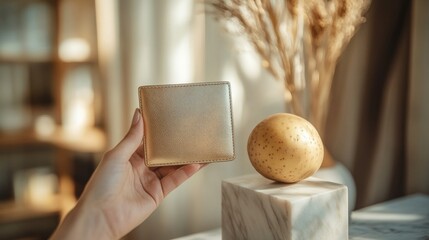 A person holding a gold coin next to a potato
