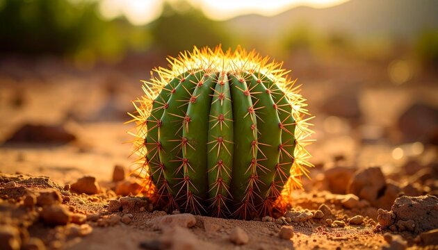 Barrel cactus showing radial symmetry and dense thorn clusters, resting on parched soil with subtle cracks