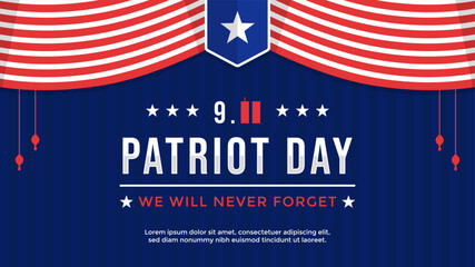 Patriot Day greeting template with striped red and white curtain on dark blue horizontal background