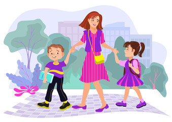 Mom, son, and daughter are holding hands and walking to school through the park. Family scene, parenting. A loving mother and her children are talking and smiling. Vector flat illustration