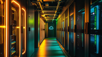 Data center corridor with illuminated server racks and glowing cloud icon on door, showcasing modern technology and vibrant lighting in high tech environment