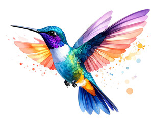 Fototapeta premium Watercolor Style Flying Hummingbird with Rainbow Feathers and Flowing Tail, Transparent Background