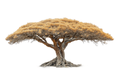 Acacia tree with a wide flat umbrella shaped canopy standing tall in a dry open landscape under natural sunlight isolated on transparent background PNG