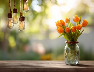 A blurred background of nature with hanging orange flowers and string lights on the right side, a glass jar filled with tulips in the foreground, bright sunlight, a spring atmosphere, fresh colors, 