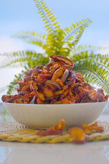 Healthy preserves dried fruits. Big plate of dried fruits. A pile of dried fruit. Lots of pieces of dry fruit. Dry fruit Plate