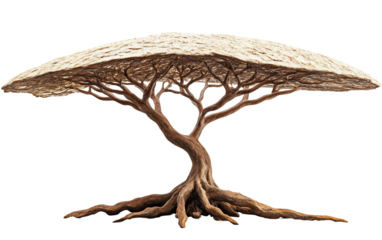 Single acacia tree featuring a distinctive flattened crown and sprawling branches set against an arid terrain backdrop isolated on transparent background PNG