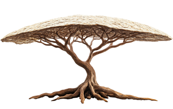 Single acacia tree featuring a distinctive flattened crown and sprawling branches set against an arid terrain backdrop isolated on transparent background PNG