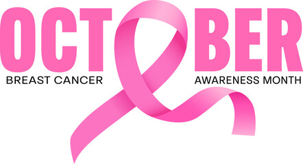 October breast cancer emblem sign for awareness month with pink ribbon symbol. Illustration.