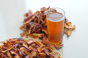 Compote dried fruits. Refreshing drink made from dried fruits. A pile of dried fruit. Lots of pieces of dry fruit. Glass of compote