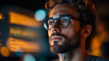 A man with glasses is looking at a computer screen