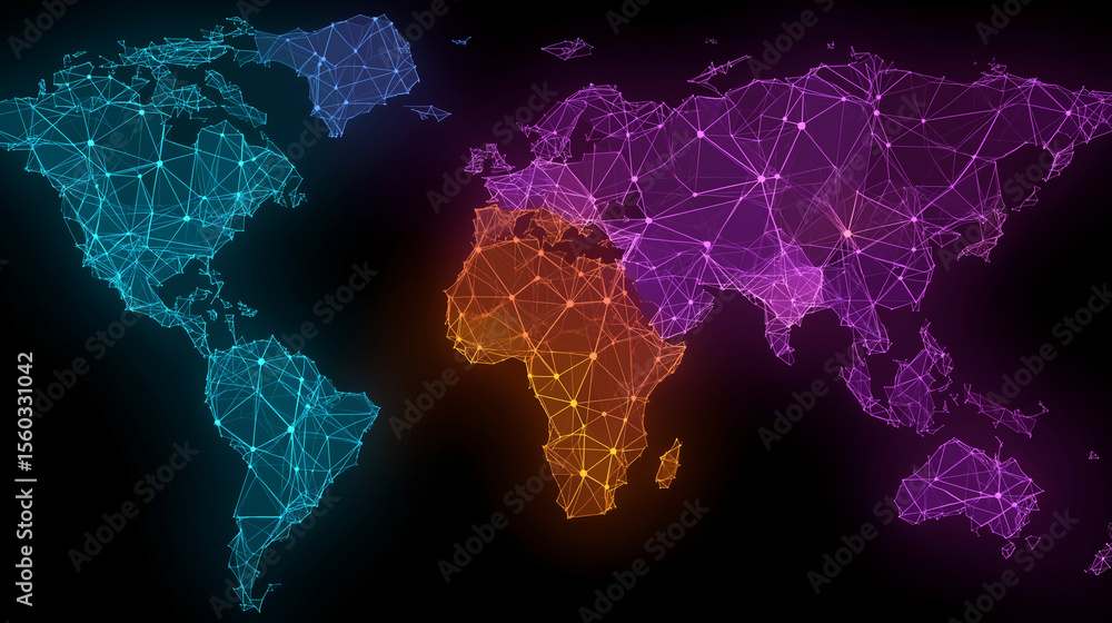 Poster a world map on a dark background with images of light communication lines and data lines