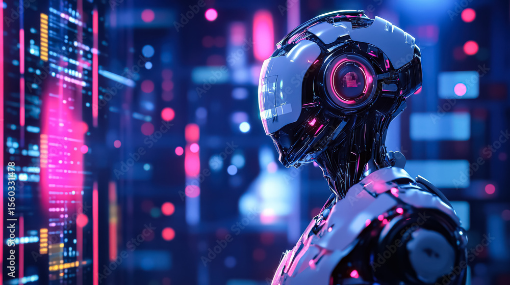 Poster robot with a white head and red earrings stands in front of a computer screen