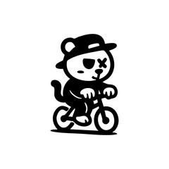A cartoon animal, possibly a bear or cat, wearing a hat, rides a bicycle
