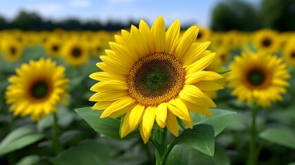 Obraz premium A vibrant field of blooming sunflowers under a blue sky.