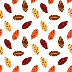 Seamless pattern of autumn leaves in warm fall colors like red, orange, yellow, and brown on white. Perfect for backgrounds, textiles, and seasonal designs.