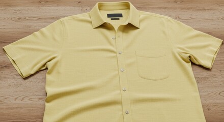 A pale yellow short-sleeved shirt laid flat on a light brown wooden surface