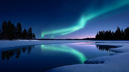 Breathtaking northern lights reflection on a frozen lake