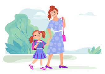 Mom and daughter walk to school through the park. Family scene, care, parenting. A mother and daughter, both dressed in blue dresses, look at each other, talking and smiling. Flat vector illustration