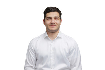 Confident young man in a white shirt poses against a clean background, radiating professionalism...