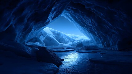 Ethereal ice cave with a frozen lake and distant mountains.