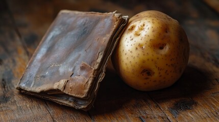 A leather bound book and a potato sit on a wooden table
