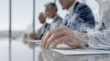 Close-up of hands reviewing documents, overlaid with a digital network effect. Business meeting in progress.