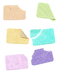 set of empty grungy adhesive price stickers, multicolored price tags, with free copy space, isolated on transparent background