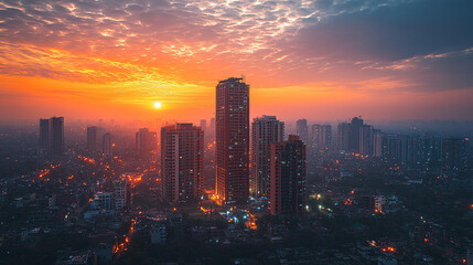 Fototapeta premium City skyline at sunrise with colorful sky