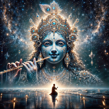 shrimati Radha rani playing flute in cosmic ksy above her devotee