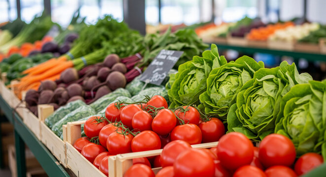 Fresh red tomatoes, green lettuce, and assorted vegetables displayed in wooden crates at a farmer's market, showcasing abundance and healthy eating