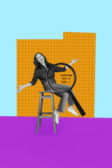 Vertical poster artwork collage of happy manager girl guy stand magnifier lens job offer vacancy candidate hiring concept