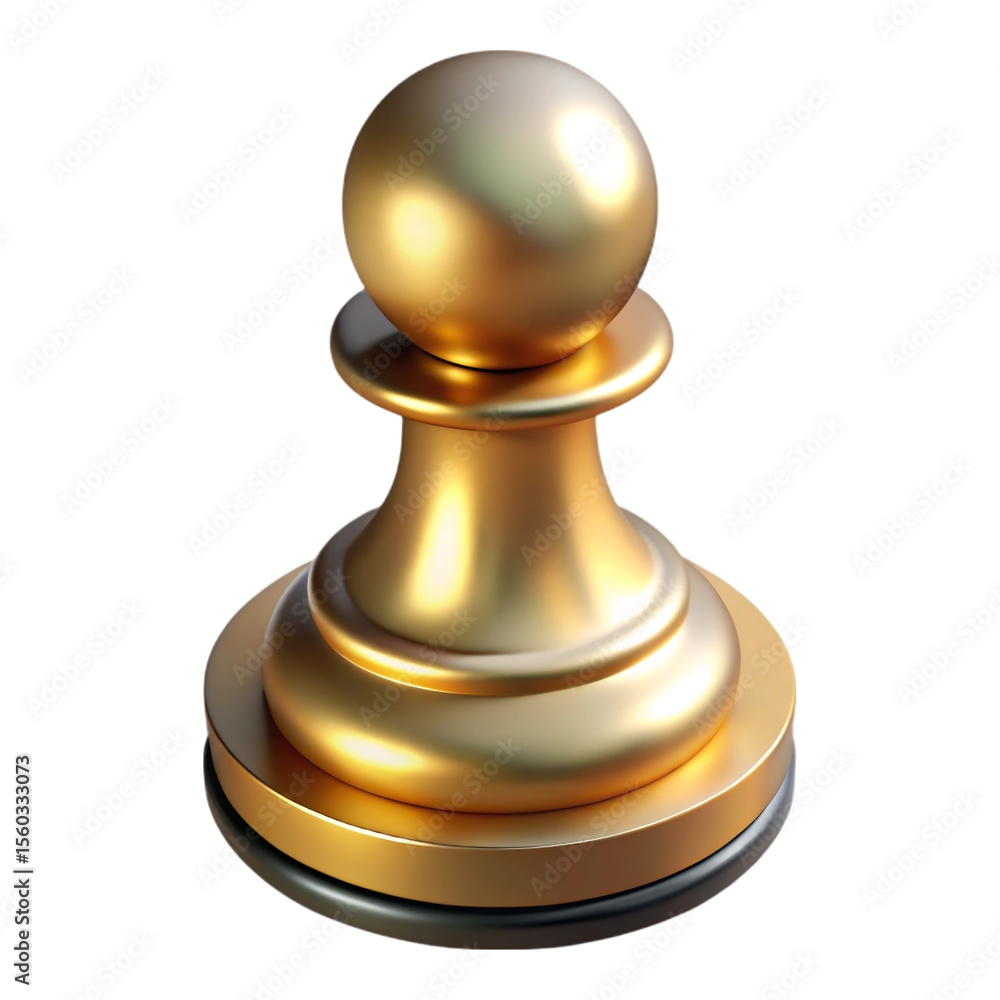 Poster photorealistic 3 d render of a golden chess pawn with reflective surfaces and a black background iso