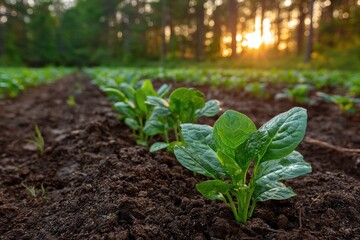 Healthy green plant sprouts growing in rich soil with warm sunlight filtering through forest trees