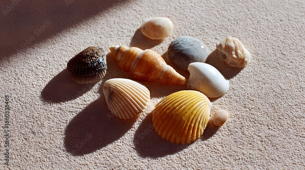 Poster assortment of colorful seashells on a textured surface.