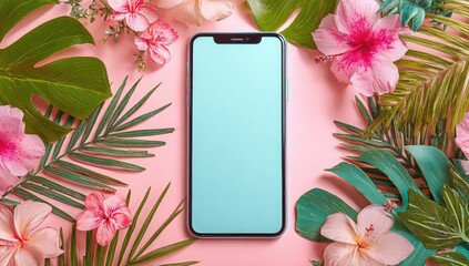 Smartphone surrounded by tropical flowers and leaves