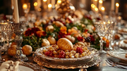 A table with a large plate of food and a candle on it