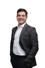 Confident young professional dressed in a suit smiling against a clean white backdrop during...