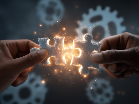 human hand holding puzzle pieces. Generative Ai.