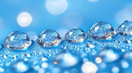 Naklejka premium Crystal clear water droplets on a blue surface