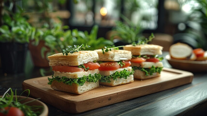 A set of mini sandwiches on a board in a restaurant.