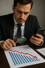 Businessman analyzing financial crisis chart with magnifying glass