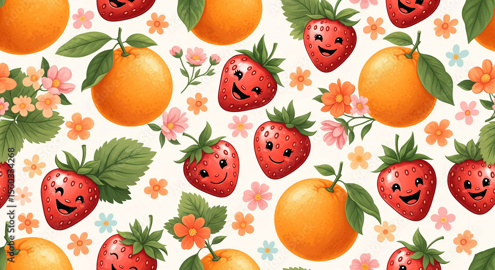 Aufkleber smiling strawberries and oranges with flowers, creating a cheerful and fruity pattern, symbolizing h