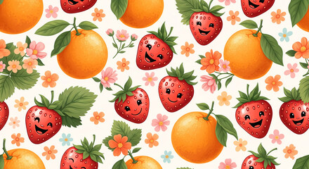 Smiling strawberries and oranges with flowers, creating a cheerful and fruity pattern, symbolizing happiness, freshness and summer vibes, ideal for textile design or branding