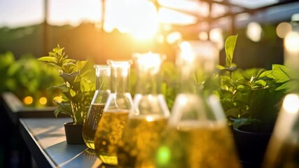 Laboratory beakers containing yellow liquid and air bubbles arranged in a greenhouse for plant based biofuels research and development on a sunny day. - Powered by Adobe