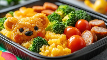 Cute bear-shaped rice bento box with colorful vegetables and sausage