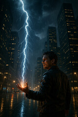 Man summoning lightning in city during storm at night
