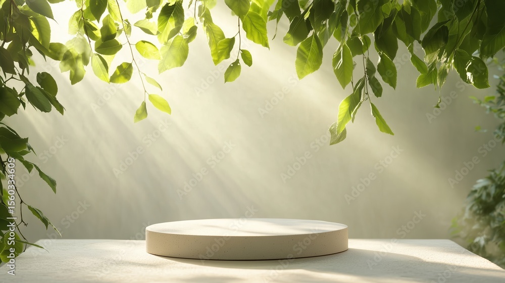 Poster natural light filters through leaves onto a circular platform creating a tranquil and serene atmosph