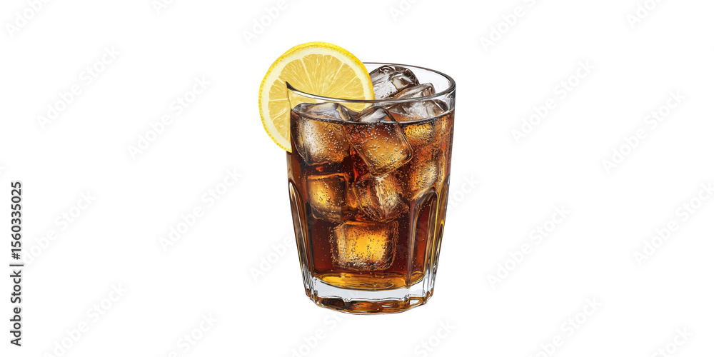 Poster glass of iced cola with lemon slice. refreshing beverage isolated on transparent background